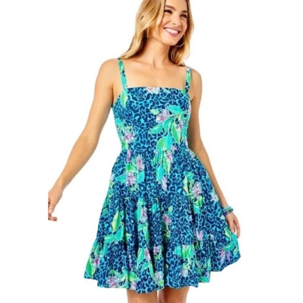 Lilly Pulitzer Alison‎ Tropical Leopard Print Cotton Sundress Blue Green Size 12